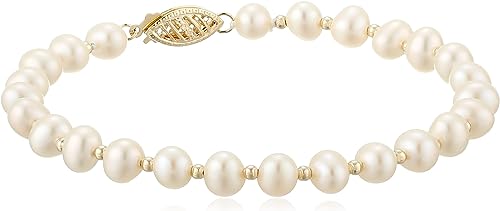 14K Yellow Gold 5.5-6mm White Freshwater Cultured Pearl Necklace, Bracelet and Stud Earrings Jewelry Set