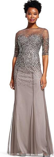 Adrianna Papell Women's 3 4 Sleeve Beaded Illusion Gown with Sweetheart Neckline