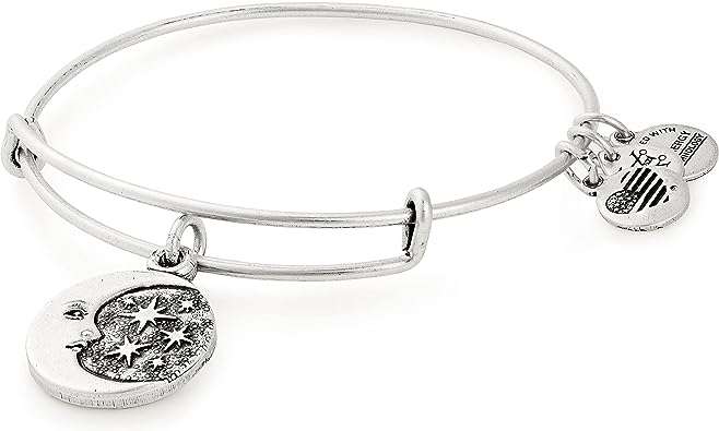 Alex and Ani Path of Symbols Expandable Bangle for Women, Moon and Star Charm, Rafaelian Silver Finish, 2 to 3.5 in