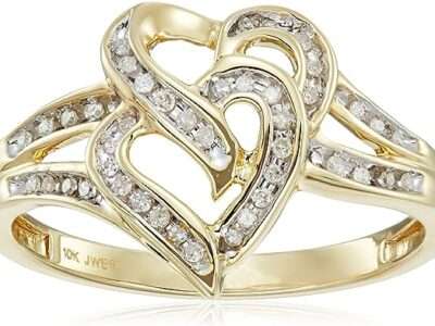 Amazon Collection 10K Yellow Gold Diamond Two Hearts Ring (1/10 cttw)