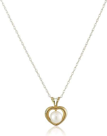 Amazon Collection 14k Gold Heart Shape 5-6mm White Cultured Freshwater Pearl Pendant Necklace and Stud Earrings Jewelry Set