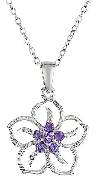 Amazon Collection Genuine or Created Gemstone Birthstone Flower Pendant Necklace with Chain in Sterling Silver, 18"