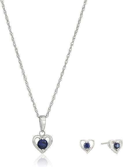 Amazon Collection Girls' Petite Sterling Silver Birthstone Open Heart Stud Earrings and 16" Pendant Necklace Jewelry Set