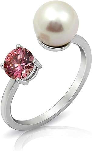 Amazon Collection Platinum Plated Sterling Silver Infinite Elements Cubic Zirconia Freshwater Pearl Ring
