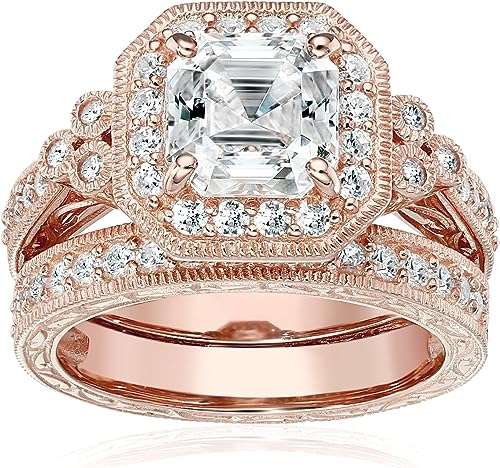 Amazon Collection Platinum or Gold Plated Sterling Silver Antique Ring set with Asscher-Cut Infinite Elements Cubic Zirconia