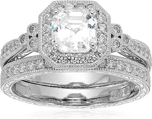 Amazon Collection Platinum or Gold Plated Sterling Silver Antique Ring set with Asscher-Cut Infinite Elements Cubic Zirconia