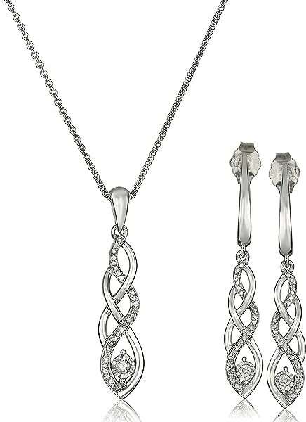 Amazon Collection Women Sterling Silver Diamond Twist Pendant Necklace and Earrings Box Set (1/5 cttw), 18"