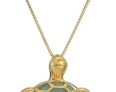 Amazon Collection womens 18k Yellow Gold Plated Sterling Silver Genuine Green Jade Turtle Pendant Necklace, 18"