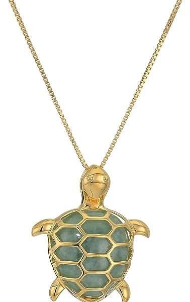 Amazon Collection womens 18k Yellow Gold Plated Sterling Silver Genuine Green Jade Turtle Pendant Necklace, 18"