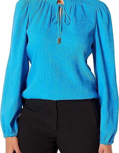 DKNY Women's Long Sleeve Pleated Top with Tie Neck