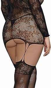 Dreamgirl Women's Plus Lace Patterned Knit Garter Dress with Stockings, Black, One Size-Queen