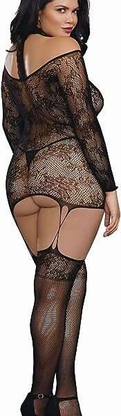 Dreamgirl Women's Plus Lace Patterned Knit Garter Dress with Stockings, Black, One Size-Queen