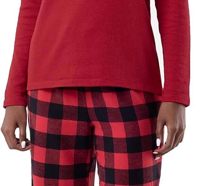 Fruit of the Loom Women's Waffle V-Neck Top and Flannel Pant Sleep Set