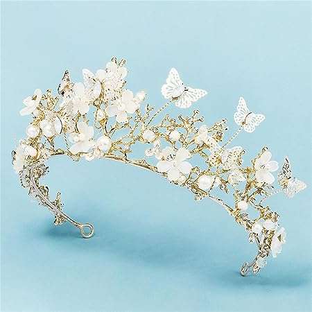 GALSOR Crowns Tiaras Sensual Elf Headdress Flower Butterfly Crown Fairy Beauty Handmade Wedding Hair Ornament Pearl Bridal Crown