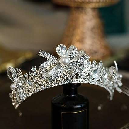GALSOR Crowns Tiaras Super Fairy Sparkling Diamond Crystal Pearl Bow Crown Bridal Wedding Gown with Accessories