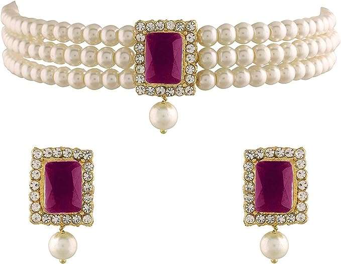 I Jewels 18K Gold Plated Indian Wedding Handcrafted Beaded Emerald Choker with Earrings for Women/Girls