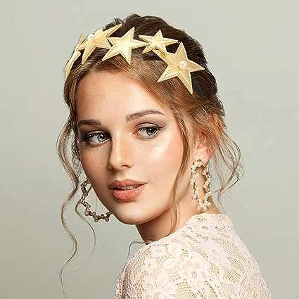 JEAIRTS Star Headband Gold Five-pointed Pearl Hairband Glitter Star Headpiece Festival Party Costume Head Band Hair Accessories for Woman and Girls