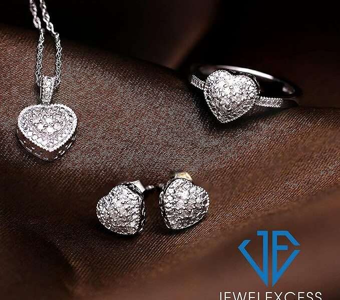 JEWELEXCESS 1/3 Carat White Diamond 3 Piece Heart Jewelry Set in Sterling Silver