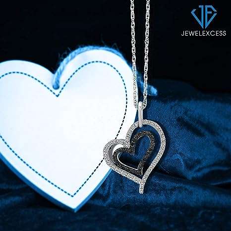 JEWELEXCESS Sterling Silver (.925) Heart Necklace with 1/4 Carat Black and White Diamonds | Jewelry Pendant Necklaces for Women Black and White Diamonds & 18 inch Rope Chain with Spring Clasp