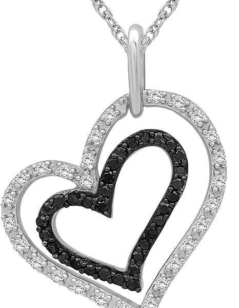 JEWELEXCESS Sterling Silver (.925) Heart Necklace with 1/4 Carat Black and White Diamonds | Jewelry Pendant Necklaces for Women Black and White Diamonds & 18 inch Rope Chain with Spring Clasp