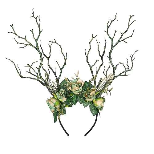 MOSTORY Handmade Green Branch Crown Woodland Flower Headband Forest Antler Headpiece Floral Fairy Hairband for Women Girls Ren Fair Elf Cosplay Halloween Party
