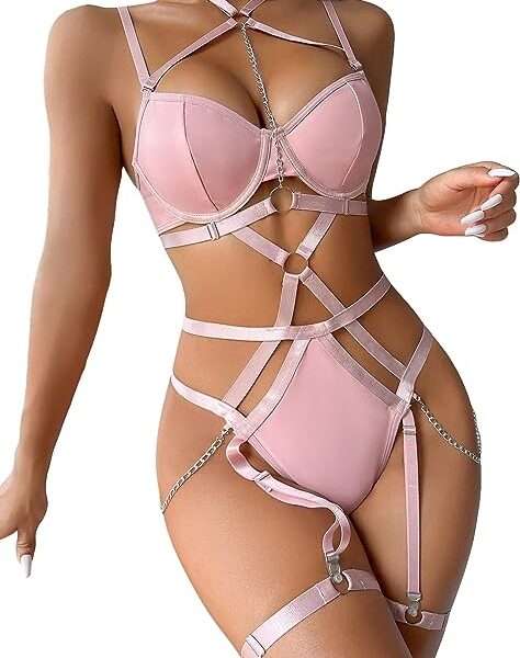 OYOANGLE Women's 3 Piece Chain Linked Cut Out Spaghetti Strap Underwire Lingerie Set with Garter