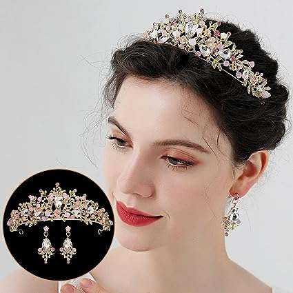 ShulaSHOP Queen Crown Pink Crystal Tiaras and Crowns Gold Wedding Tiara with Earrings Princess Pageant Crown Hair Accessories for Women and Girls