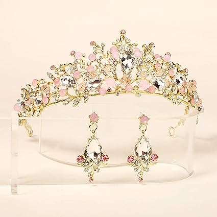 ShulaSHOP Queen Crown Pink Crystal Tiaras and Crowns Gold Wedding Tiara with Earrings Princess Pageant Crown Hair Accessories for Women and Girls