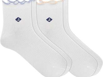 Sperry Women's Scallop Edge Anklet Socks-2 Pair Pack-Ribbed Contrast and Embroidered Logo
