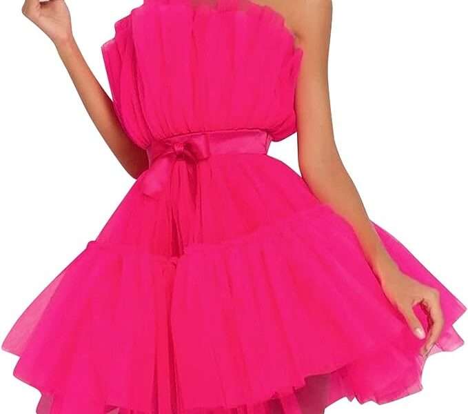 Tulle Dress Women Short Puffy Prom Dress Strapless Mesh Birthday Fairy Dresses Ruffle Cocktail Party Poofy Gown