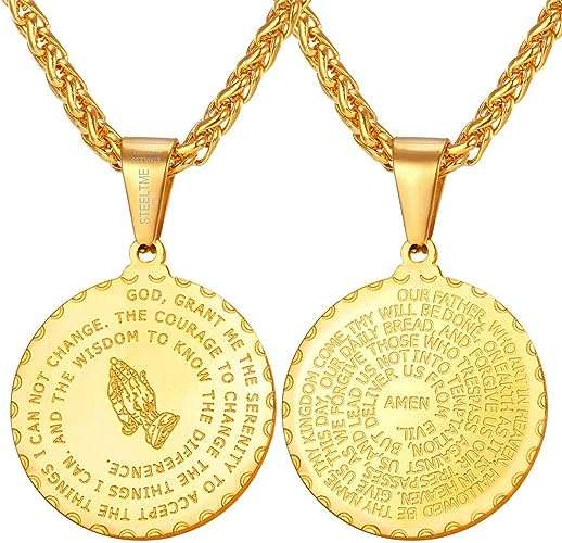 U7 Bible Verse Necklace Christian Jewelry 18K Gold Plated Stainless Steel Lords Prayer Inscripted Praying Hands Coin Medal Pendant for Men Women -Gift Packed (22 Inch)