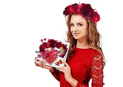 Valentines Day Headband With Fairy Lights and Ribbon - Light Up LED Valentine Rose Flower Crown Red Rose Petals Boutique Hair Adjustable Hairband Headpiece