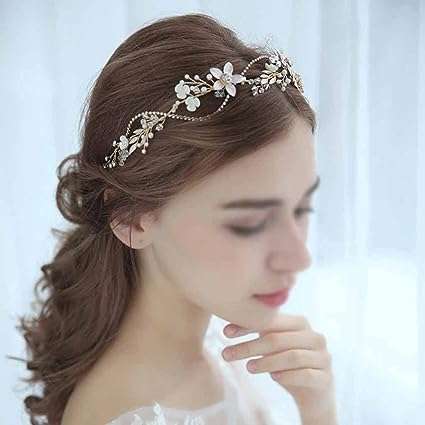 WENLII Bridal Tiara Headband Gold Floral Wedding Hair Piece Ornaments Women Prom Hair Accessories