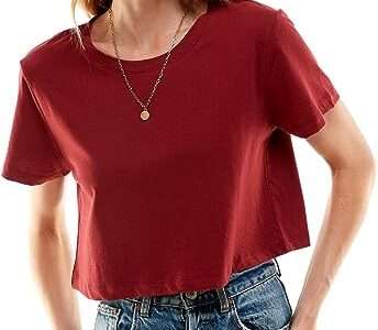 Women's Boxy Crop Top Round Neck Short Sleeve Casual 100% Cotton Cropped Tee T-Shirt