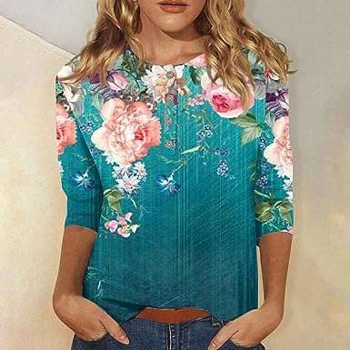 Womens Tops 2023 Dressy Casual 3/4 Sleeve Button Up Blouses Floral Work Shirts