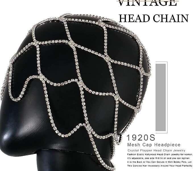 XSBODY 1920s Rhinestone Mesh Cap Headpiece for Women Girls Black Flapper Head Chain Jewelry Gatsby Cleopatra Hair Accessories