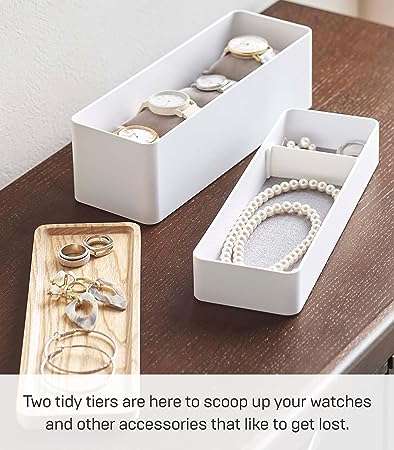 YAMAZAKI Home Rin Stacking Watch and Accessory Case, Jewelry Box Organizer For Glasses, 2-Tier, White