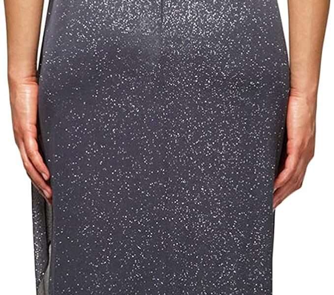 Alex Evenings Women's Long Glitter Mesh Cold Shoulder Dress (Petite and Regular)