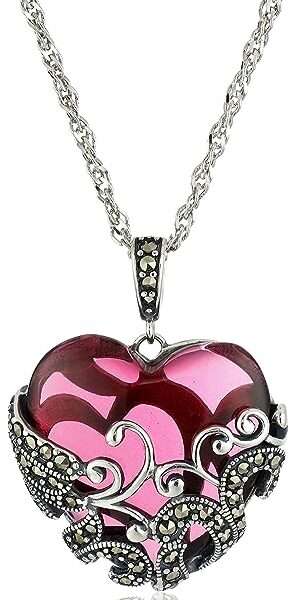 Amazon Collection Marcasite and Colored Glass Heart Pendant Necklace with Chain in Oxidized Sterling Silver