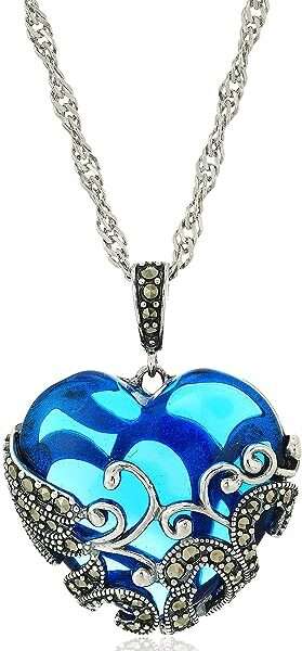 Amazon Collection Marcasite and Colored Glass Heart Pendant Necklace with Chain in Oxidized Sterling Silver