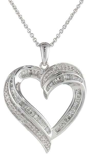 Amazon Collection women Sterling Silver Diamond Heart Pendant Necklace (1/2 cttw), 18"
