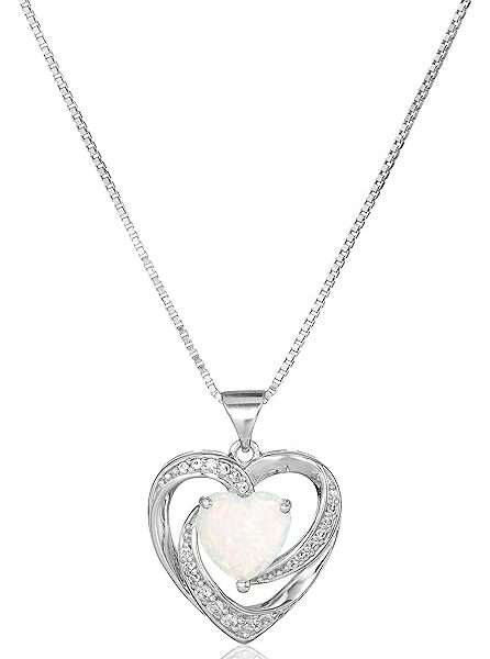 Amazon Collection womens Sterling Silver Created Opal and White Sapphire Open Heart Pendant Necklace