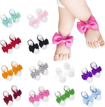 Baby Girl 12 Pairs Bow Foot Strap Barefoot Sandals for Newborn Infants Toddlers Cute Infant Shoes Accessories, Type 3