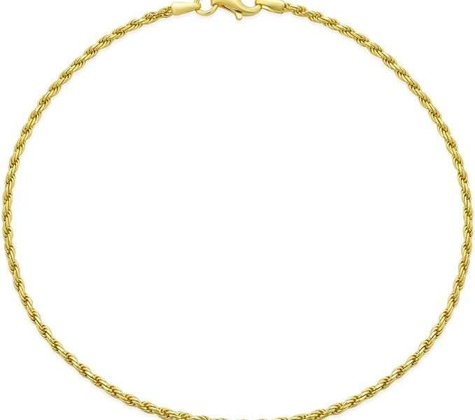 Bling Jewelry Simple Basic Strong Cable Rope Chain Anklet Ankle Bracelet For Women Teen 14K Yellow Gold Plated .925 Sterling Silver 9 or 10 Inch Made In Italy