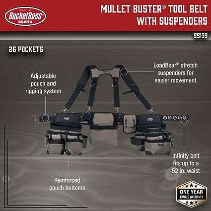 Bucket Boss Mullet Buster 3 Bag Tool Belt with Suspenders in Grey, 55135, Black, full size