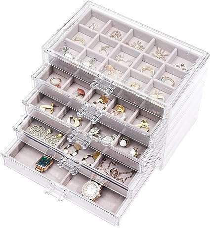 Cq acrylic Earring Jewelry Organizer with 5 Drawers,Clear Acrylic Jewelry Box for Women,Velvet Earring Display Holder for Earrings Ring Bracelet Necklace,Birthday and Christmas Gift,Grey
