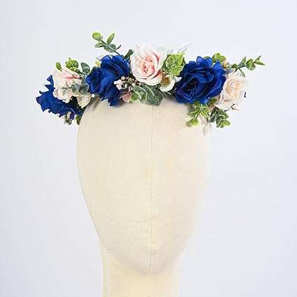DDazzling Sunflower Flower Crown Eucalyptus Halo Women Girls Headpiece Photo Prop (Royal Blue)
