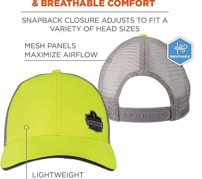 Ergodyne unisex adult Cap, Stretch-fit High Visibility Reflective Stretch Fit Hat Baseball Cap, Lime-logo, Large-X-Large US