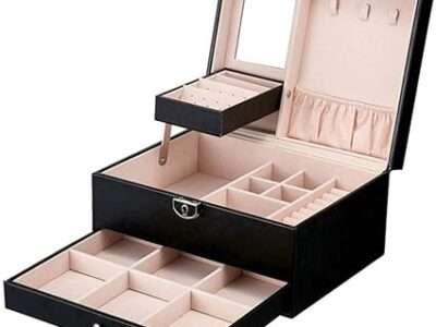 FKGJKT Mirrored Jewelry Box Organizer for Girls Women Vintage Gift Case - Faux Leather Jewelries Storage Display Holder