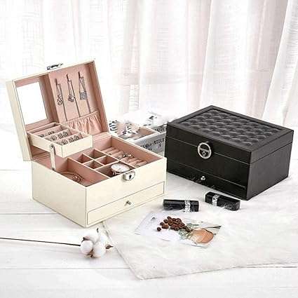 FKGJKT Mirrored Jewelry Box Organizer for Girls Women Vintage Gift Case - Faux Leather Jewelries Storage Display Holder